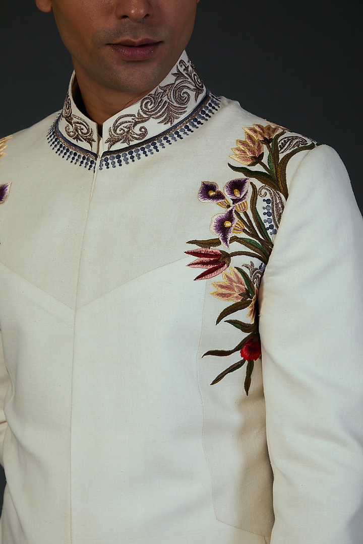 Ivory Matka Silk Floral Embroidered Groom Sherwani by Rohit Bal Men at Pernia's Pop Up Shop