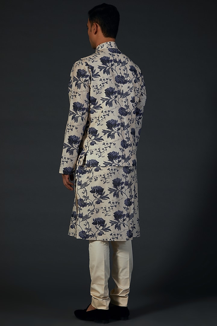 Ivory Chanderi Floral Digital Printed Kurta Set by Rohit Bal Men at Pernia's Pop Up Shop