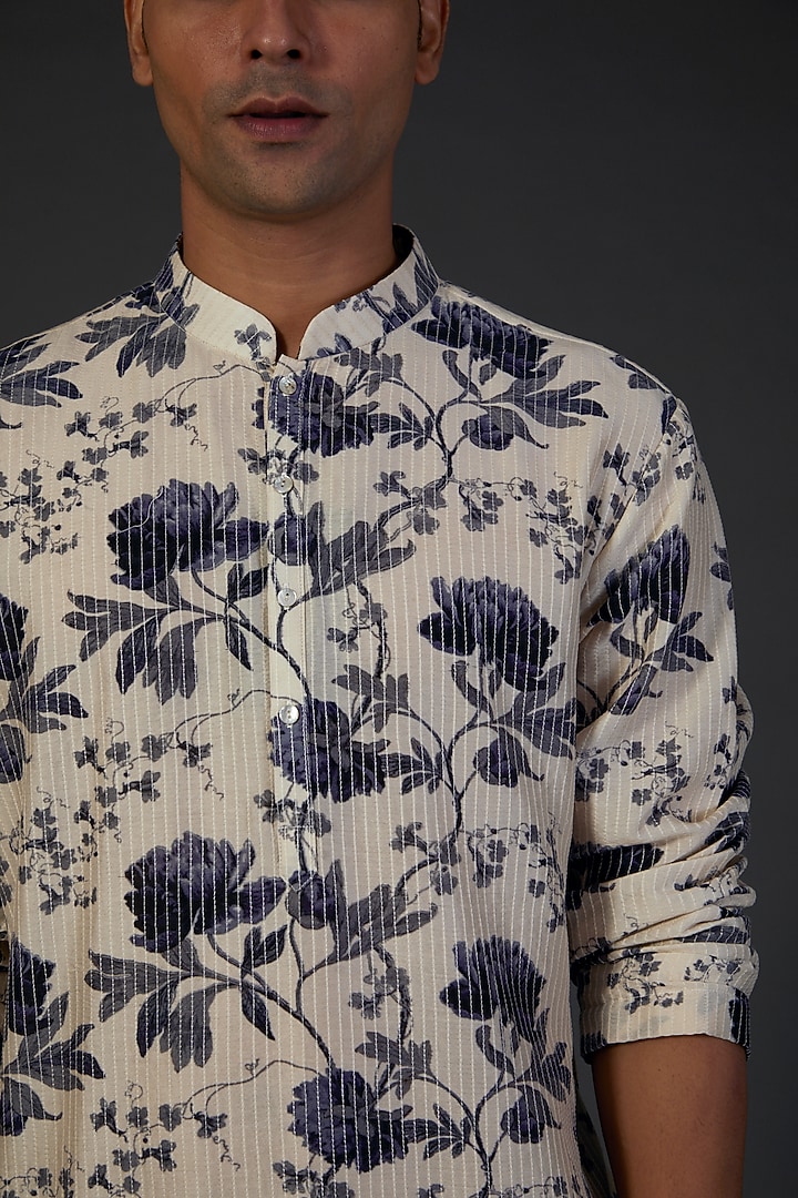 Ivory Chanderi Floral Digital Printed Kurta Set by Rohit Bal Men at Pernia's Pop Up Shop