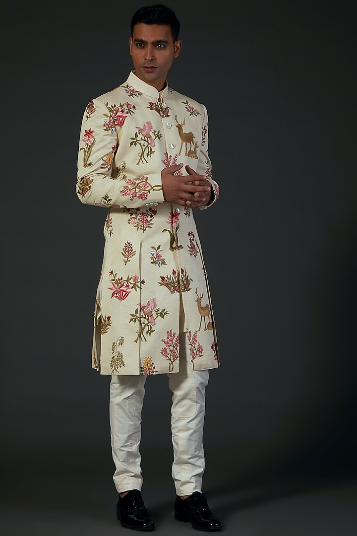 Ivory Chanderi Floral Embroidered Groom Sherwani by Rohit Bal Men at Pernia's Pop Up Shop