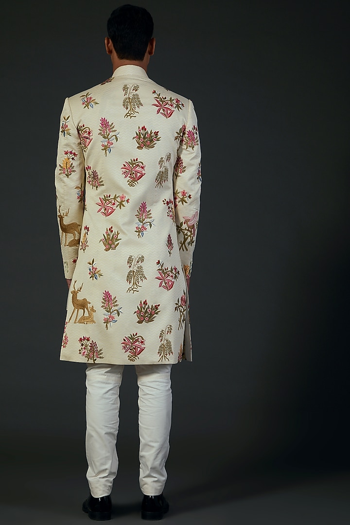 Ivory Chanderi Floral Embroidered Groom Sherwani by Rohit Bal Men at Pernia's Pop Up Shop
