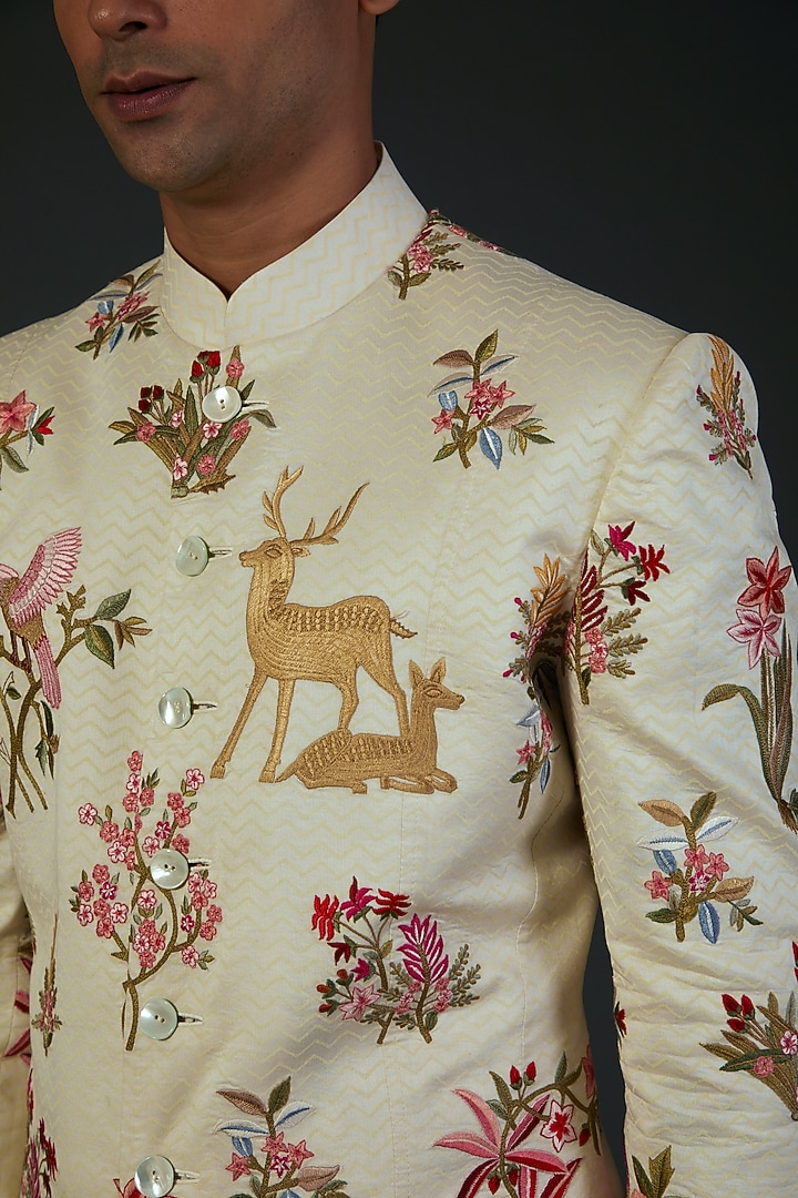 Ivory Chanderi Floral Embroidered Groom Sherwani by Rohit Bal Men at Pernia's Pop Up Shop