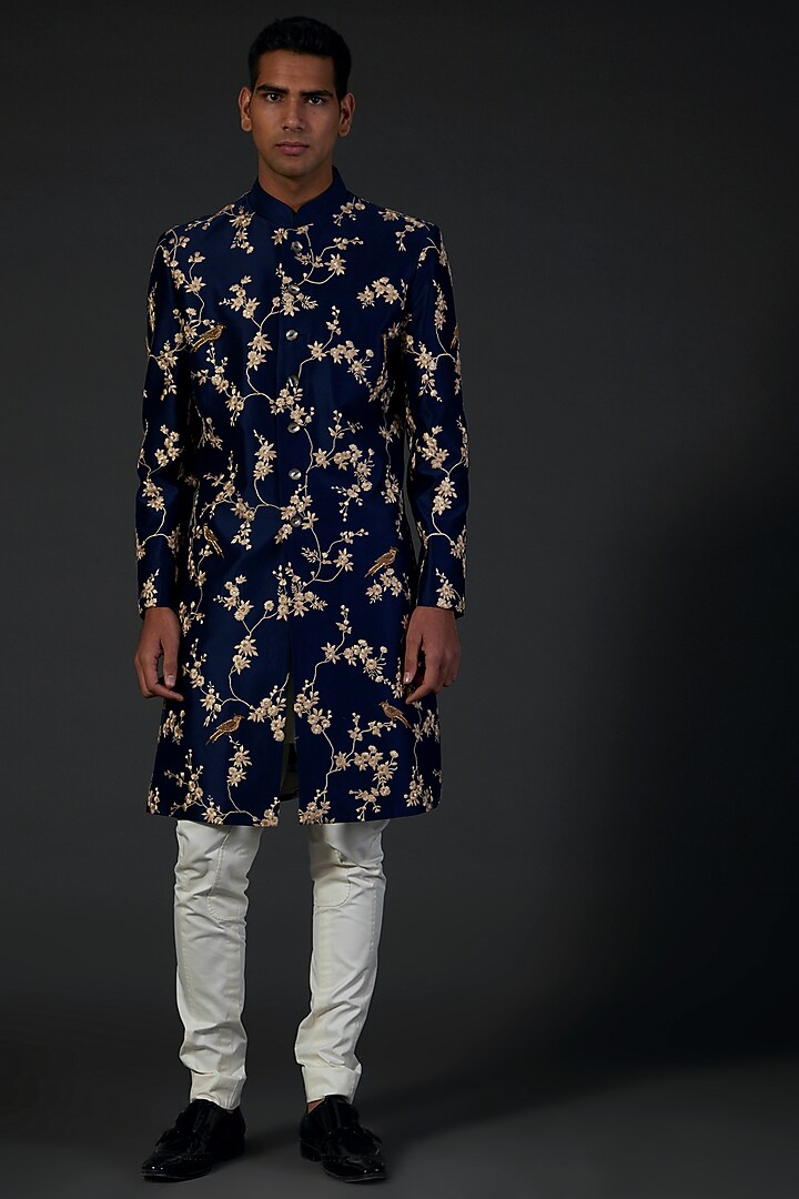Indigo Silk Chanderi Floral Embroidered Groom Sherwani by Rohit Bal Men at Pernia's Pop Up Shop