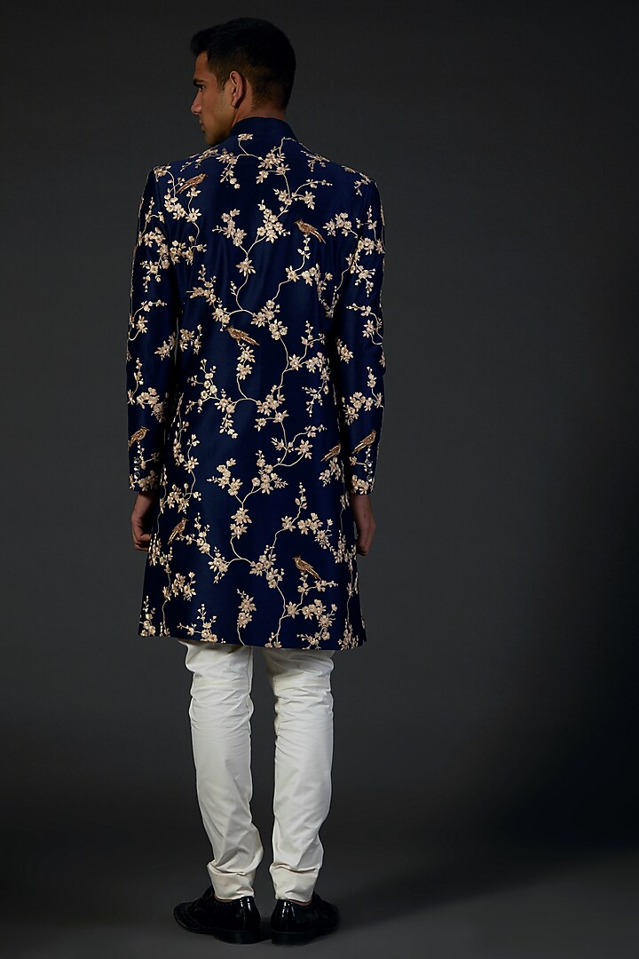 Indigo Silk Chanderi Floral Embroidered Groom Sherwani by Rohit Bal Men at Pernia's Pop Up Shop