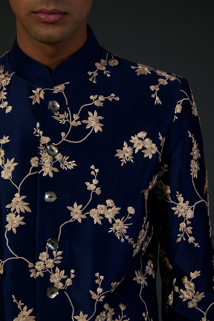 Indigo Silk Chanderi Floral Embroidered Groom Sherwani by Rohit Bal Men at Pernia's Pop Up Shop