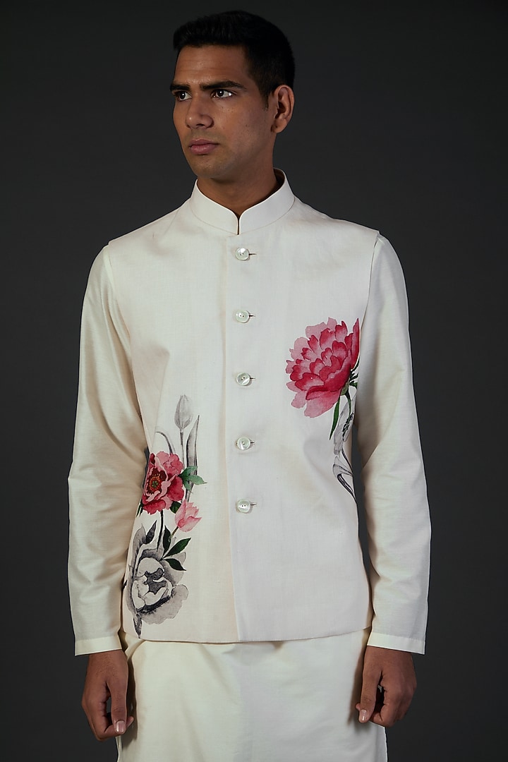 White Linen Floral Digital Printed Bundi Jacket by Rohit Bal Men at Pernia's Pop Up Shop