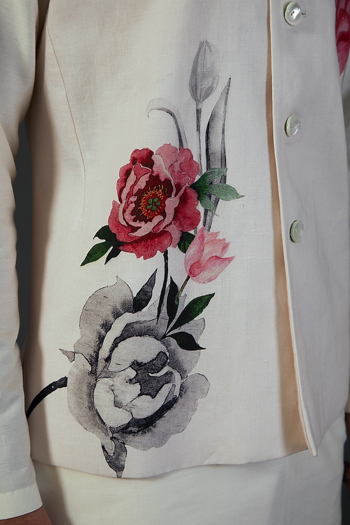 White Linen Floral Digital Printed Bundi Jacket by Rohit Bal Men at Pernia's Pop Up Shop