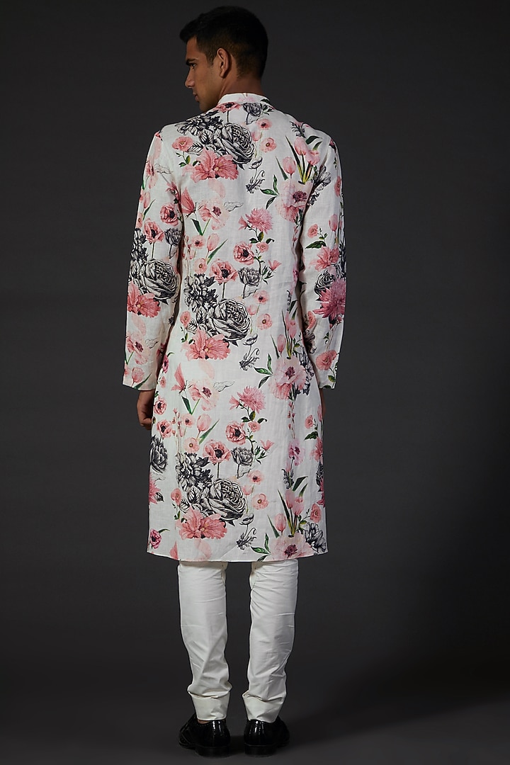 Ivory Linen Floral Printed Kurta Set by Rohit Bal Men at Pernia's Pop Up Shop