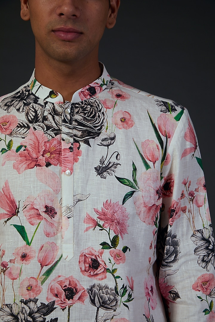 Ivory Linen Floral Printed Kurta Set by Rohit Bal Men at Pernia's Pop Up Shop