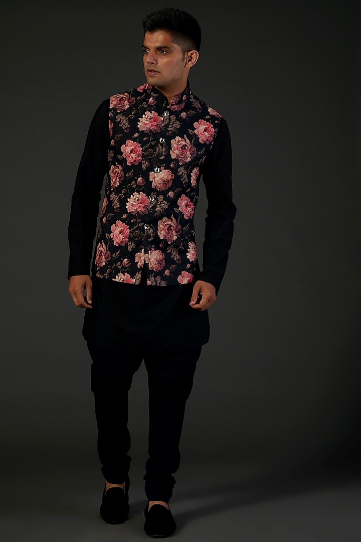 Black Linen Floral Digital Printed Bundi Jacket by Rohit Bal Men at Pernia's Pop Up Shop