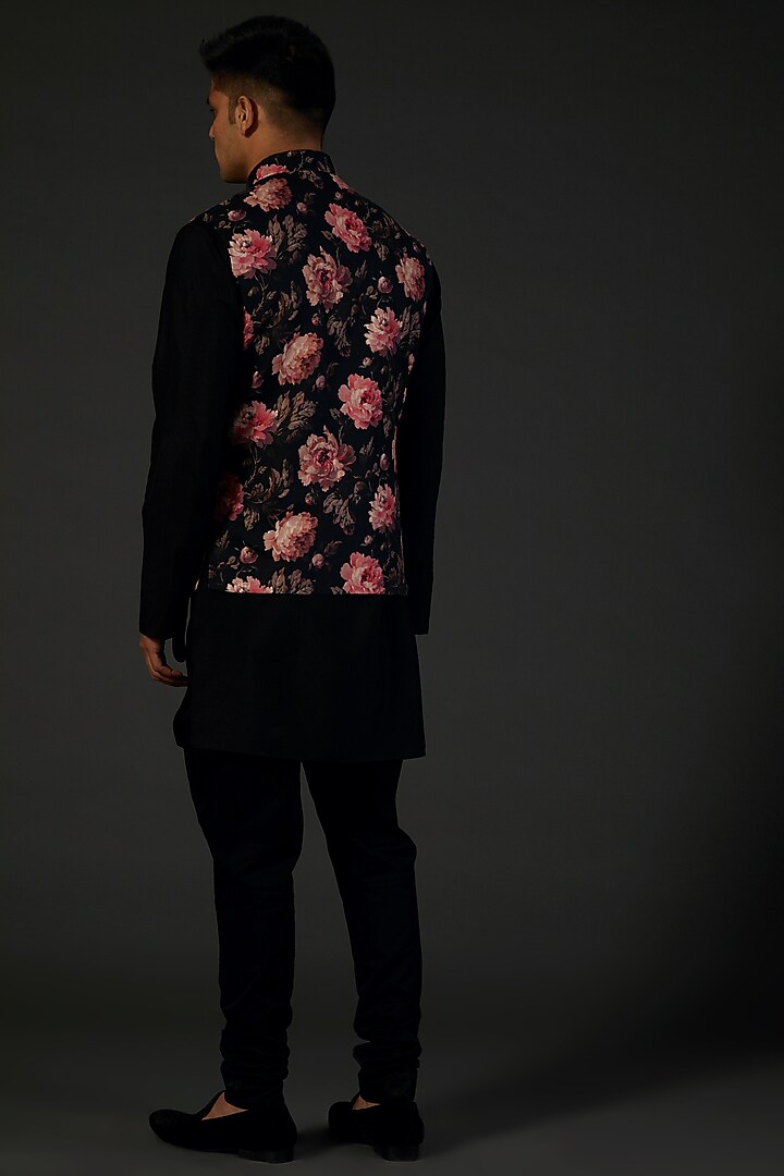 Black Linen Floral Digital Printed Bundi Jacket by Rohit Bal Men at Pernia's Pop Up Shop