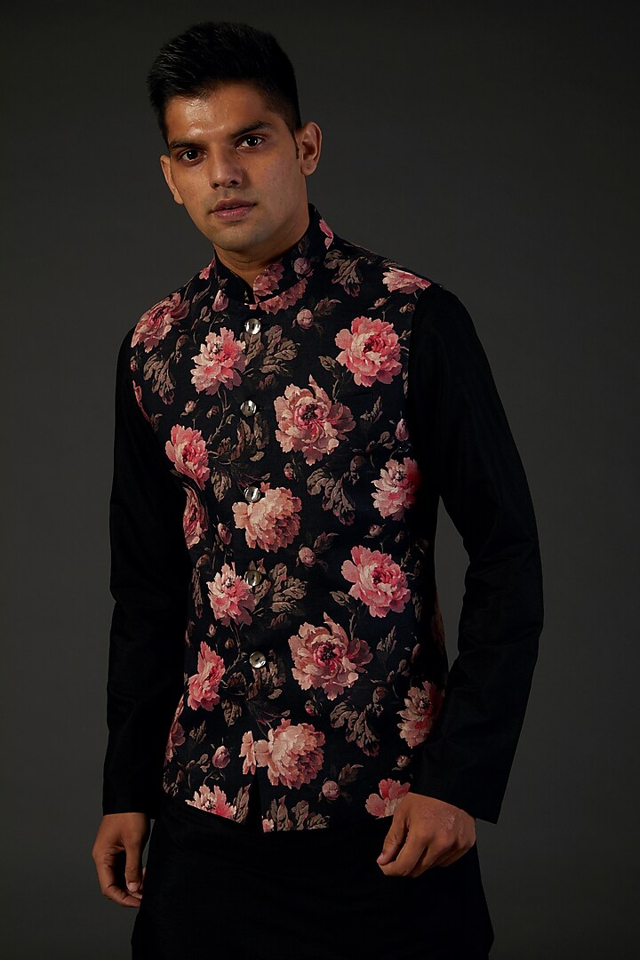 Black Linen Floral Digital Printed Bundi Jacket by Rohit Bal Men at Pernia's Pop Up Shop