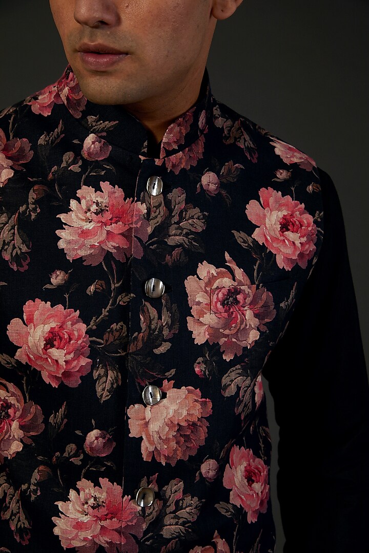 Black Linen Floral Digital Printed Bundi Jacket by Rohit Bal Men at Pernia's Pop Up Shop