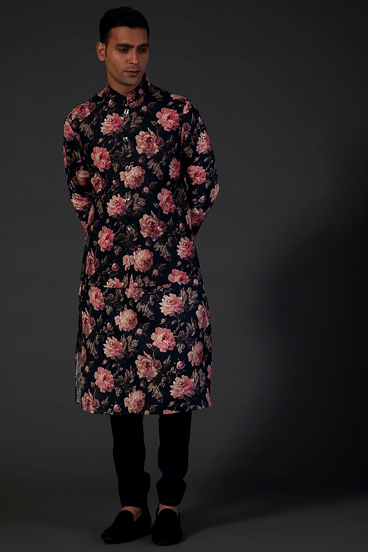 Black Linen Floral Digital Printed Kurta Set by Rohit Bal Men at Pernia's Pop Up Shop