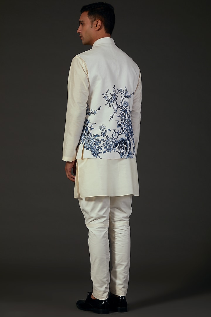 Ivory Linen Floral Printed Bundi Jacket by Rohit Bal Men at Pernia's Pop Up Shop