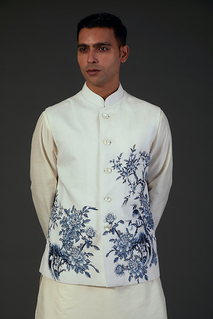 Ivory Linen Floral Printed Bundi Jacket by Rohit Bal Men at Pernia's Pop Up Shop