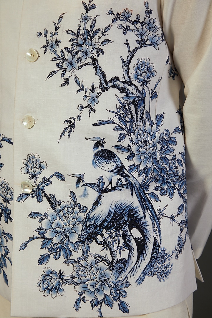 Ivory Linen Floral Printed Bundi Jacket by Rohit Bal Men at Pernia's Pop Up Shop