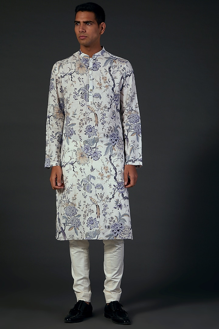 Ivory Floral Printed Linen Kurta Set by Rohit Bal Men