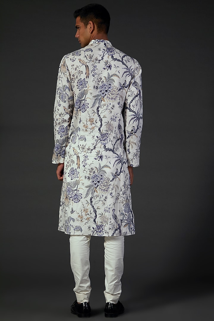 Ivory Linen Floral Printed Kurta Set by Rohit Bal Men at Pernia's Pop Up Shop