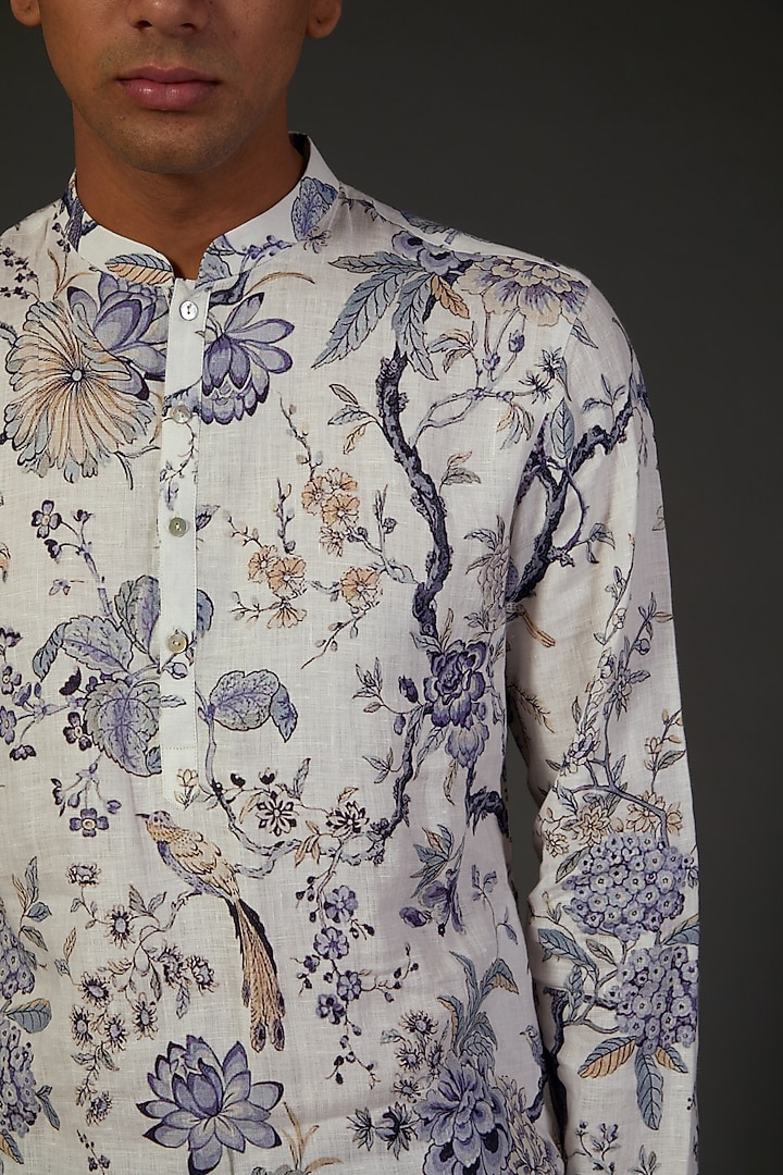 Ivory Linen Floral Printed Kurta Set by Rohit Bal Men at Pernia's Pop Up Shop