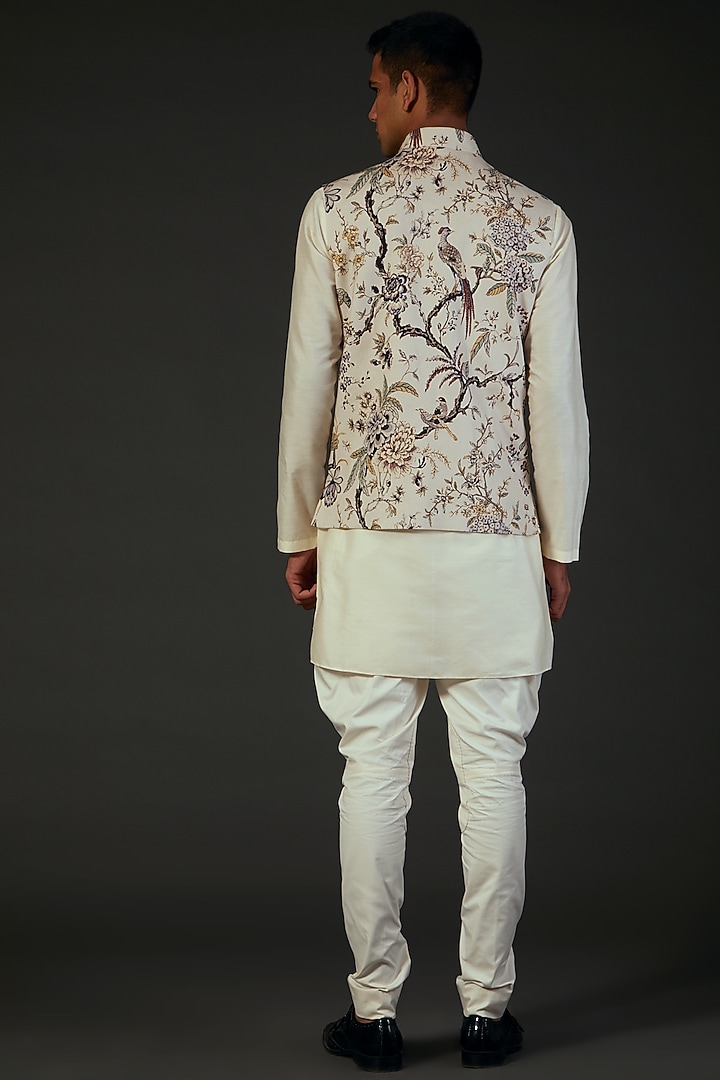 Ivory Linen Digital Printed Bundi Jacket by Rohit Bal Men at Pernia's Pop Up Shop