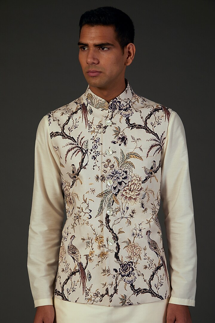 Ivory Linen Digital Printed Bundi Jacket by Rohit Bal Men at Pernia's Pop Up Shop