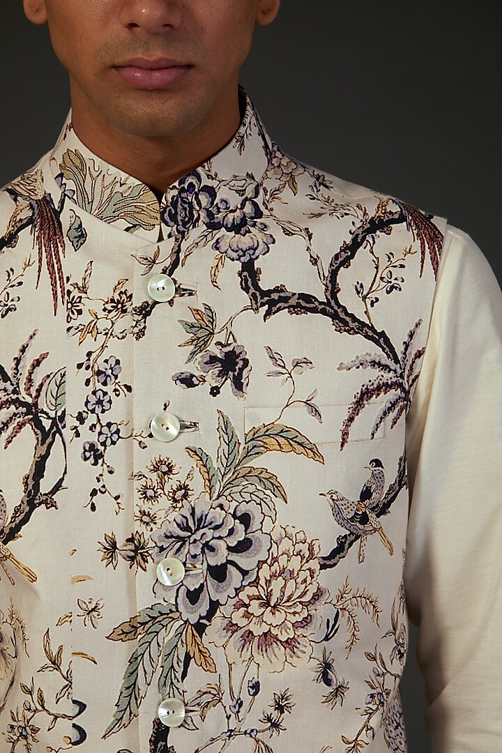Ivory Linen Digital Printed Bundi Jacket by Rohit Bal Men at Pernia's Pop Up Shop