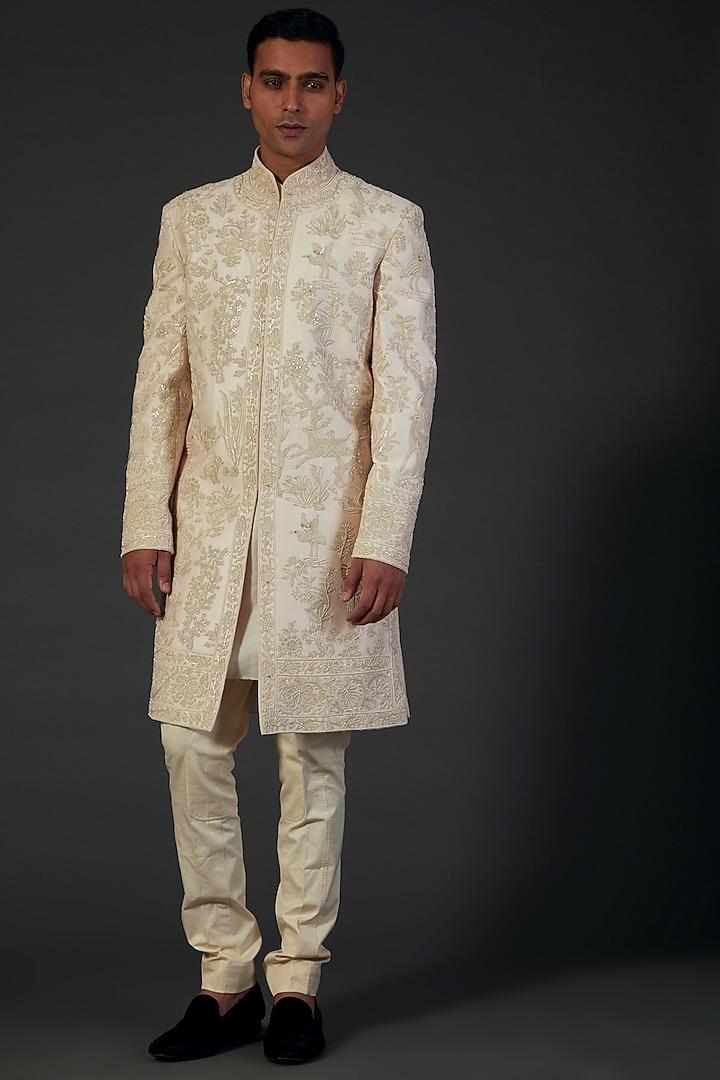 Ivory Chanderi Silk Dori Embroidered Groom Sherwani by Rohit Bal Men at Pernia's Pop Up Shop