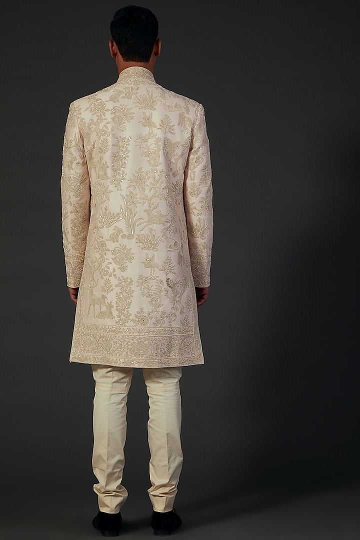 Ivory Chanderi Silk Dori Embroidered Groom Sherwani by Rohit Bal Men at Pernia's Pop Up Shop