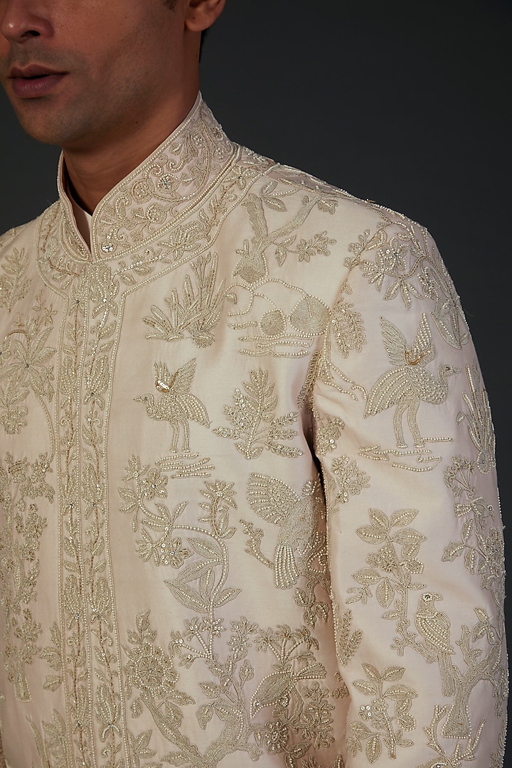 Ivory Chanderi Silk Dori Embroidered Groom Sherwani by Rohit Bal Men at Pernia's Pop Up Shop