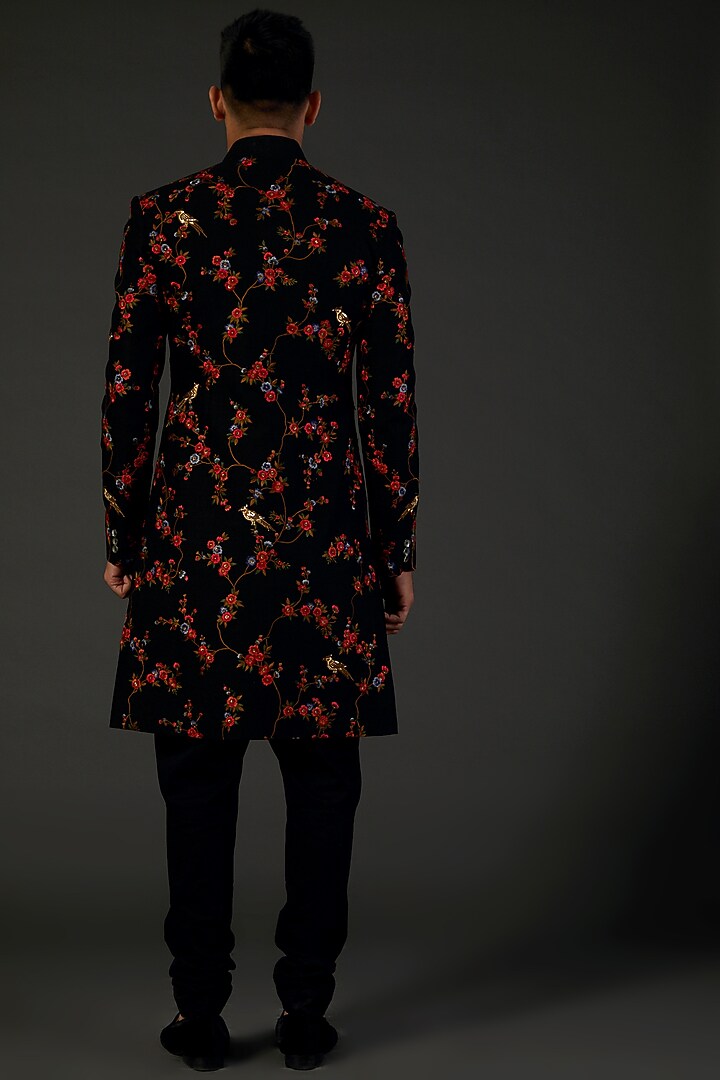 Black Matka Silk Floral Embroidered Groom Sherwani by Rohit Bal Men at Pernia's Pop Up Shop