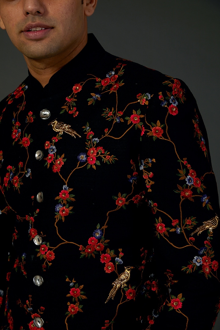 Black Matka Silk Floral Embroidered Groom Sherwani by Rohit Bal Men at Pernia's Pop Up Shop