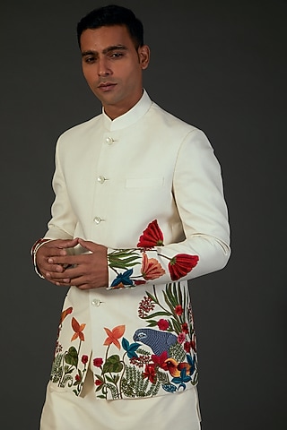 Ivory Matka Silk Floral Embroidered Bandhgala by Rohit Bal Men