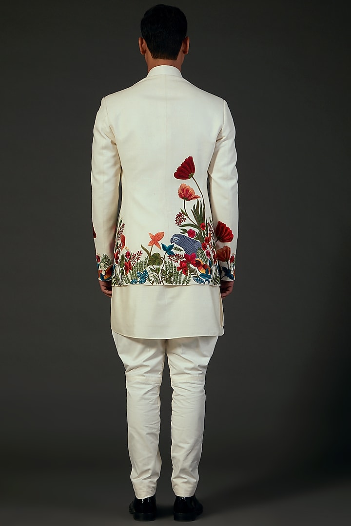 Ivory Matka Silk Floral Embroidered Groom Bandhgala by Rohit Bal Men at Pernia's Pop Up Shop