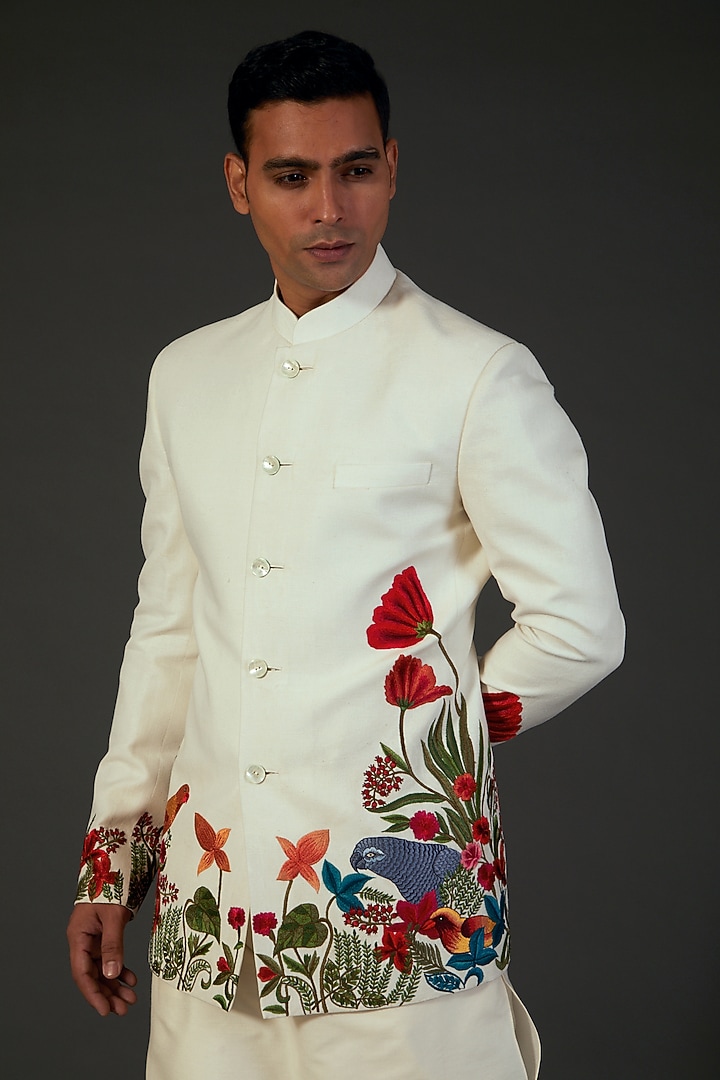 Ivory Matka Silk Floral Embroidered Groom Bandhgala by Rohit Bal Men at Pernia's Pop Up Shop