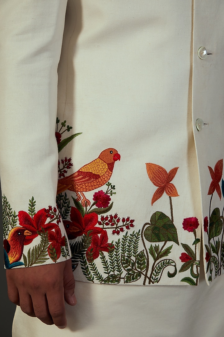 Ivory Matka Silk Floral Embroidered Groom Bandhgala by Rohit Bal Men at Pernia's Pop Up Shop