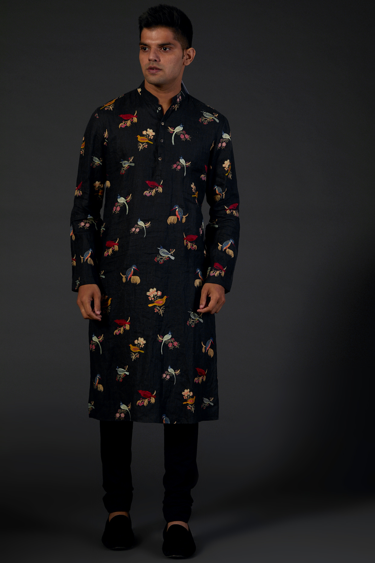 Black Machine Embroidered Kurta Set by Rohit Bal Men at Pernia's Pop Up Shop
