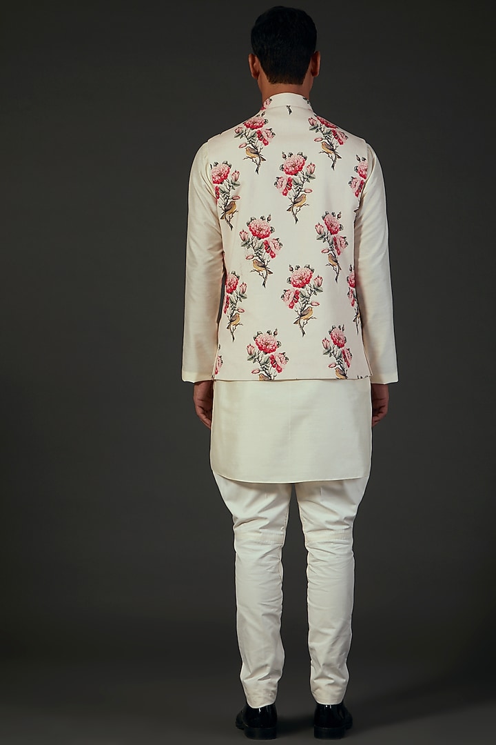 Ivory Linen Floral Digital Printed Bundi Jacket by Rohit Bal Men at Pernia's Pop Up Shop