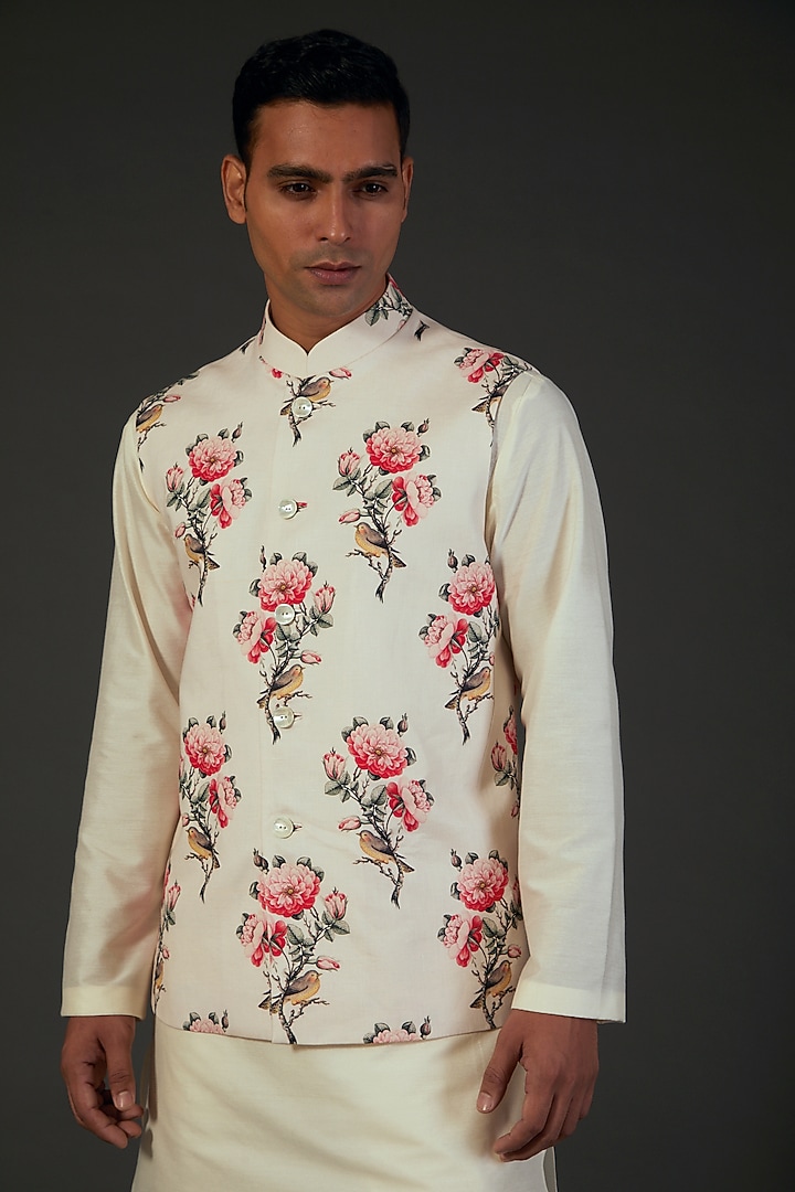 Ivory Linen Floral Digital Printed Bundi Jacket by Rohit Bal Men at Pernia's Pop Up Shop