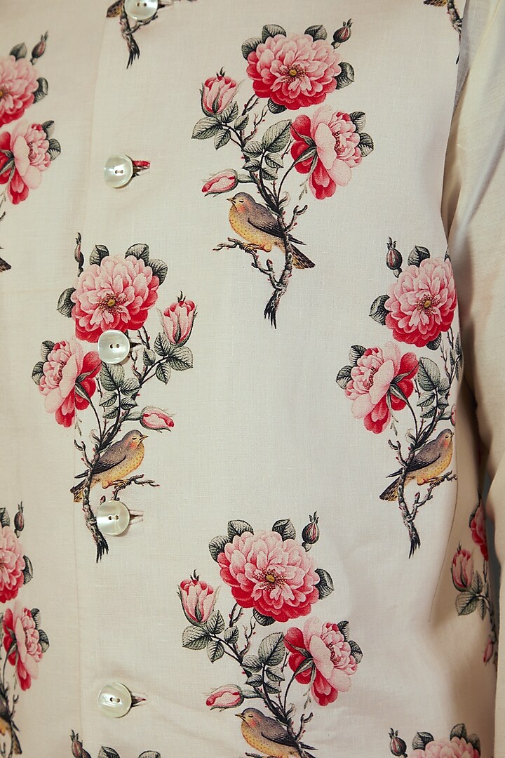 Ivory Linen Floral Digital Printed Bundi Jacket by Rohit Bal Men at Pernia's Pop Up Shop