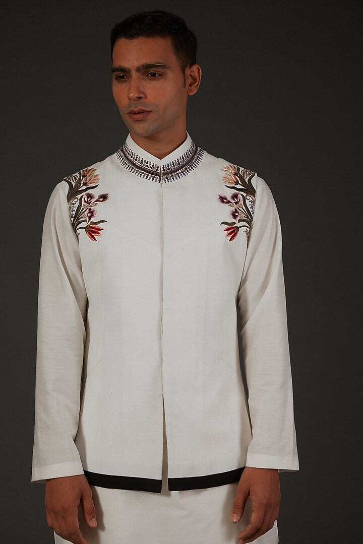 Ivory Matka Silk Embroidered Bundi Jacket by Rohit Bal Men at Pernia's Pop Up Shop