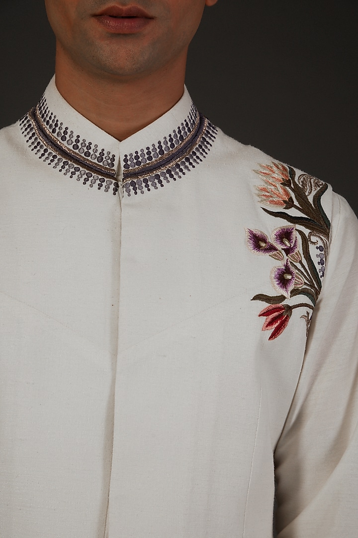 Ivory Matka Silk Embroidered Bundi Jacket by Rohit Bal Men at Pernia's Pop Up Shop