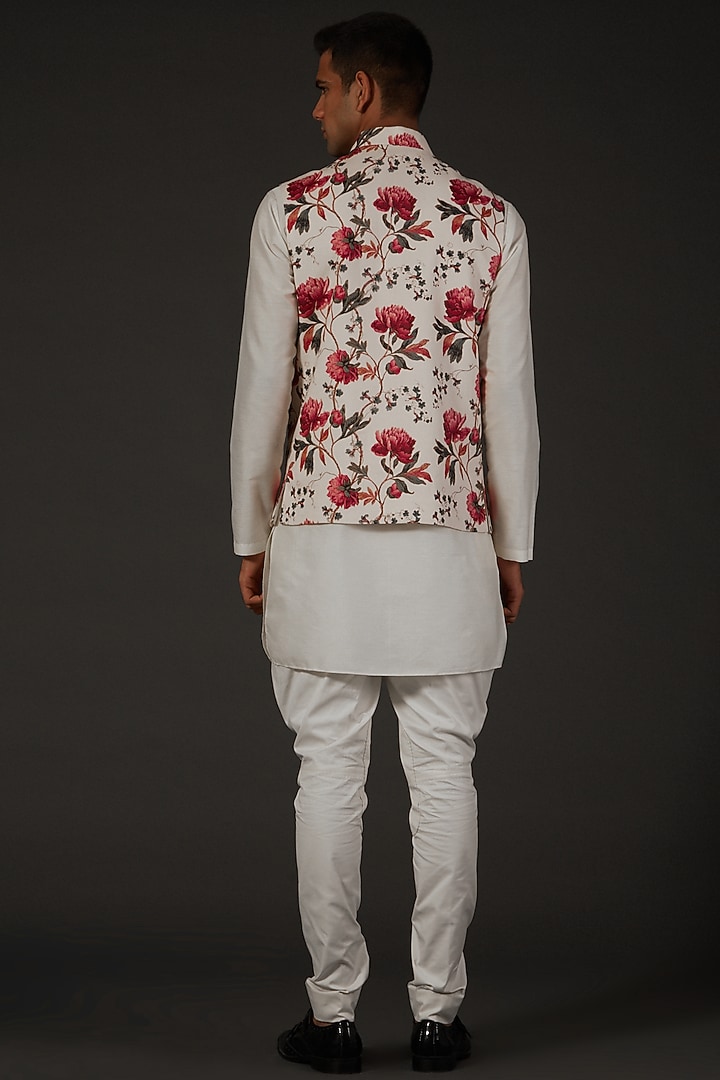 Ivory Linen Floral Digital Printed Bundi Jacket by Rohit Bal Men at Pernia's Pop Up Shop