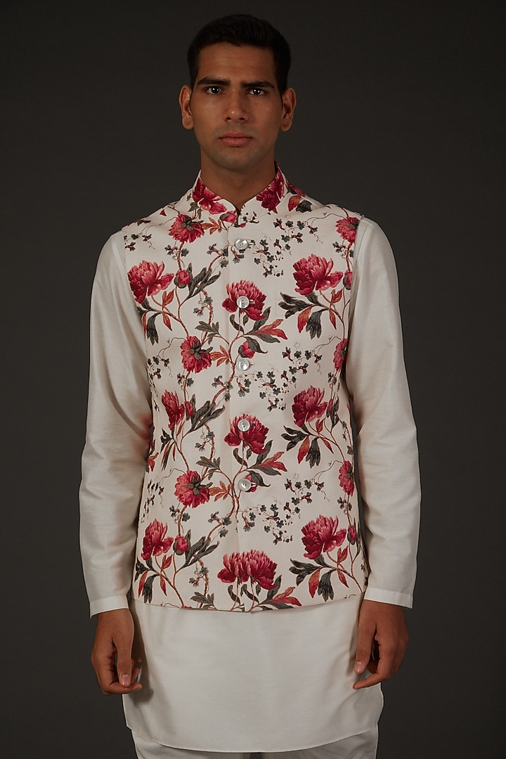 Ivory Linen Floral Digital Printed Bundi Jacket by Rohit Bal Men at Pernia's Pop Up Shop