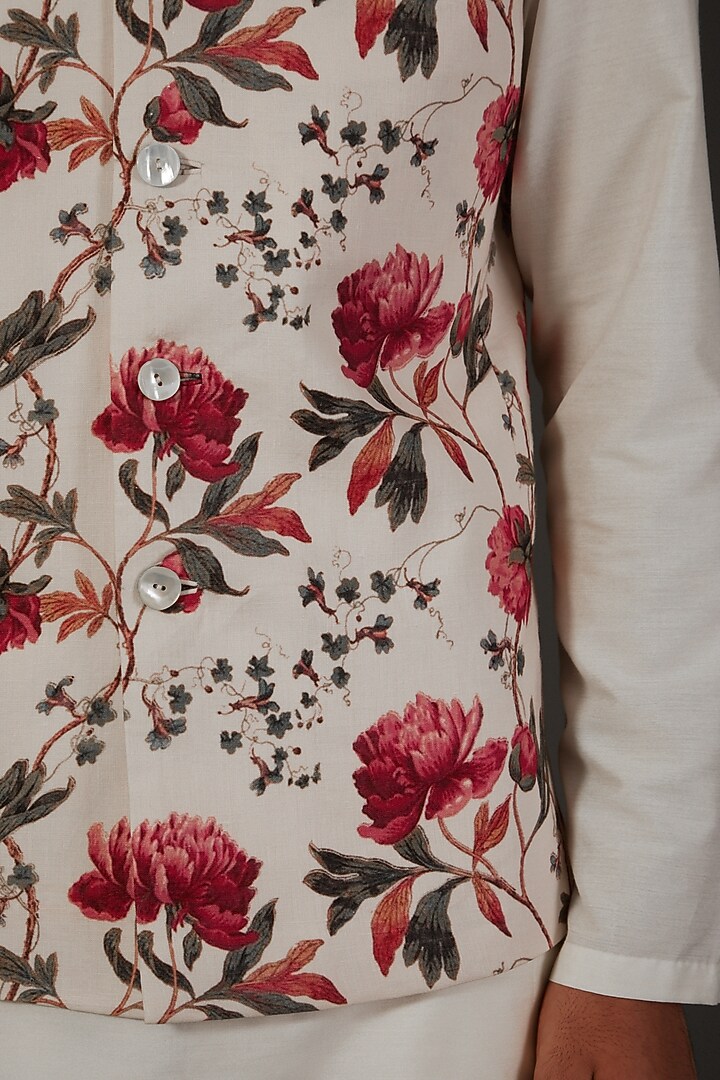 Ivory Linen Floral Digital Printed Bundi Jacket by Rohit Bal Men at Pernia's Pop Up Shop