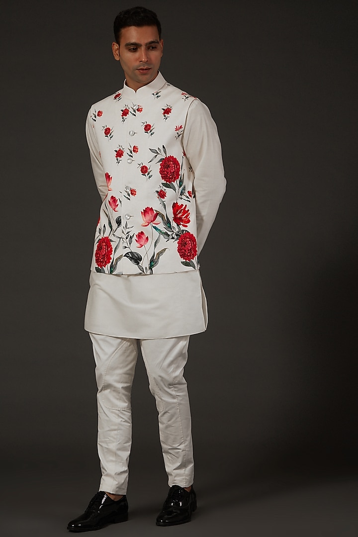 Ivory Bundi Jacket With Floral Print by Rohit Bal Men at Pernia's Pop Up Shop