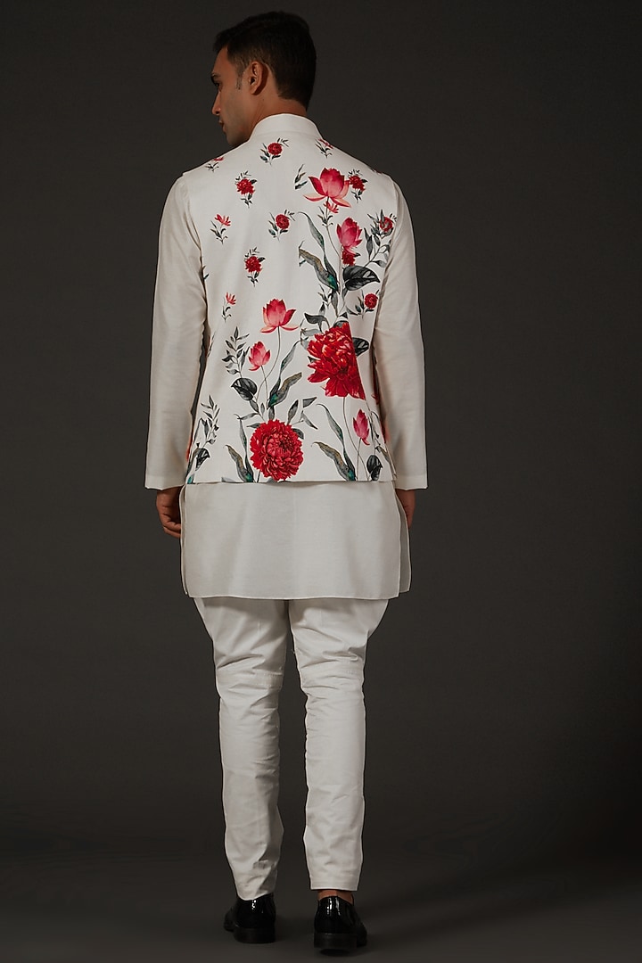 Ivory Linen Floral Printed Bundi Jacket by Rohit Bal Men at Pernia's Pop Up Shop
