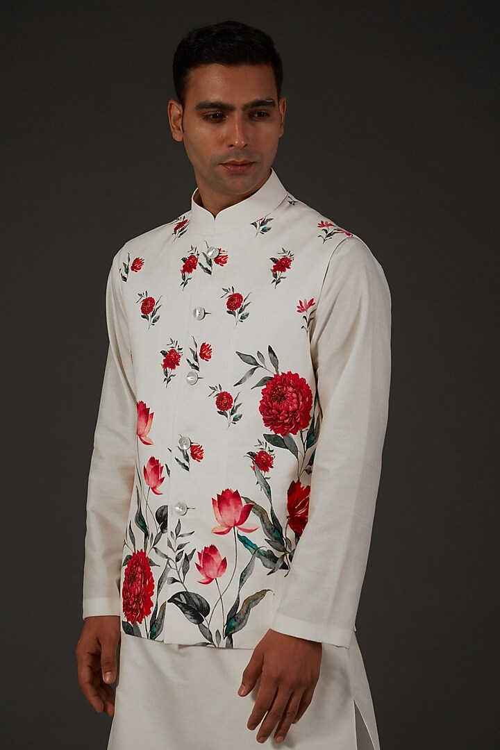 Ivory Linen Floral Printed Bundi Jacket by Rohit Bal Men at Pernia's Pop Up Shop