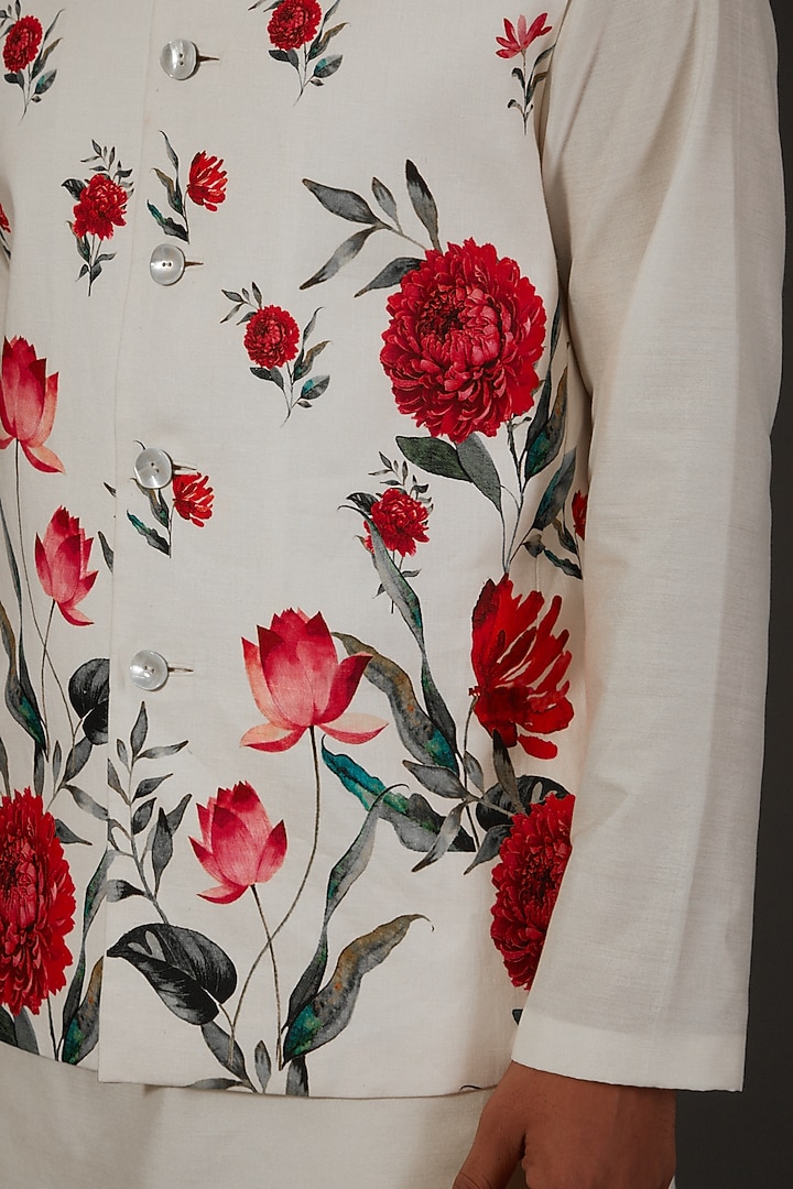 Ivory Linen Floral Printed Bundi Jacket by Rohit Bal Men at Pernia's Pop Up Shop