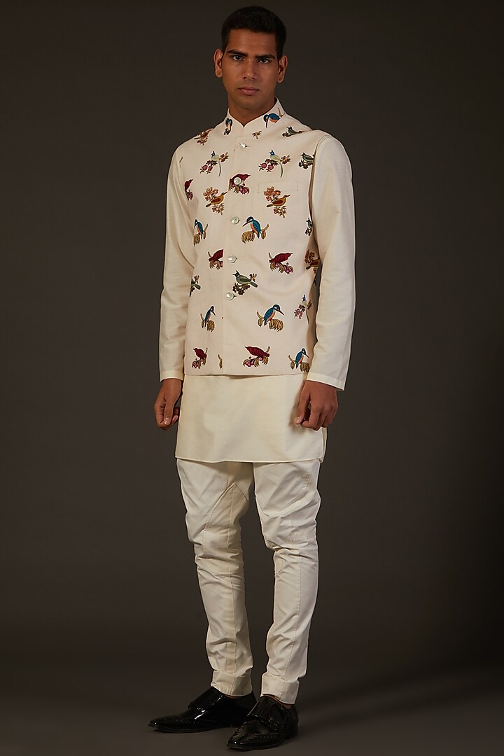 Ivory Printed Bundi Jacket by Rohit Bal Men